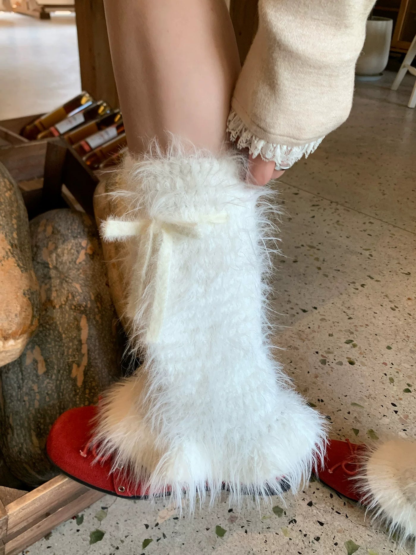 Fantasy Doll - Winter Bow Plush - Plush Mid-Calf Leg Warmers with Tie Bows