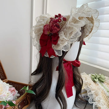 With PUJI - Floral Language - Country Lolita Lace Bow Flat Cap Straw Hat
