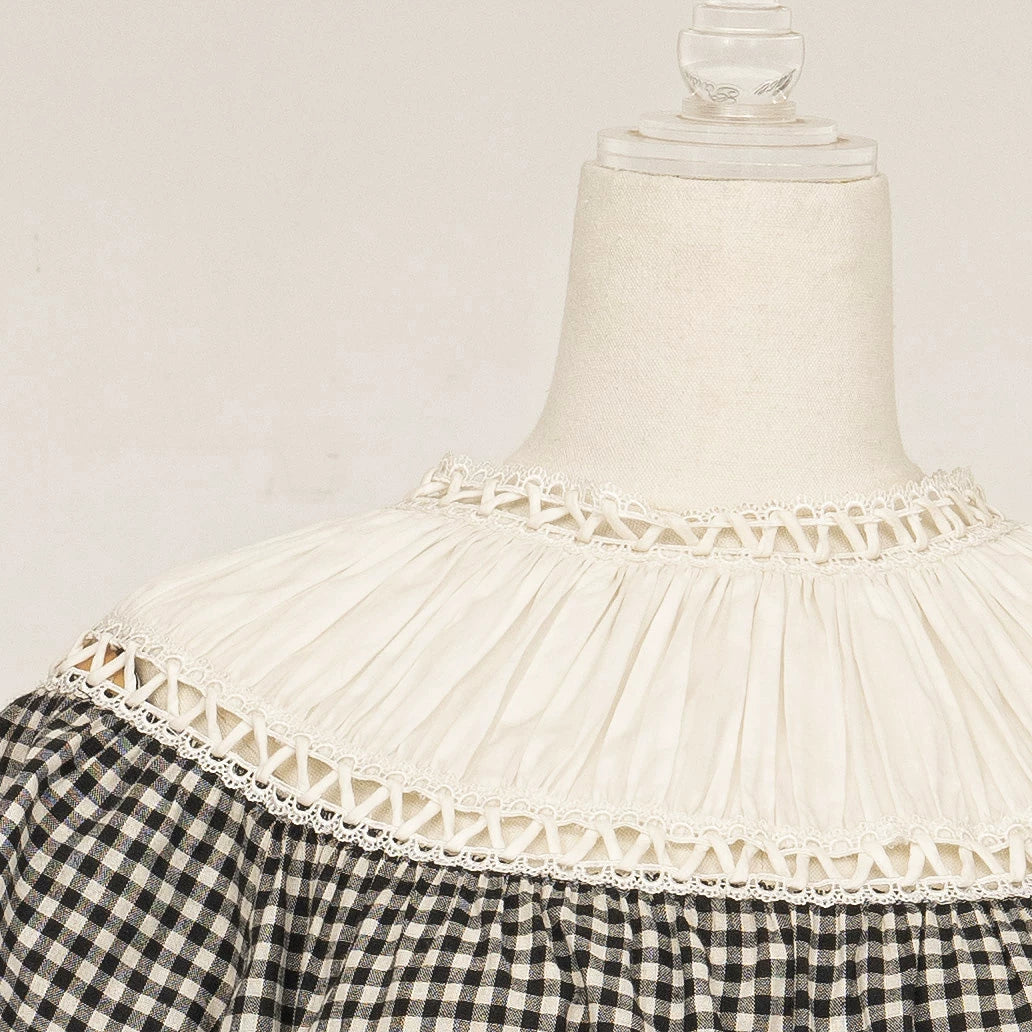 LACE GARDEN - Doll Check - Black-and-White Plaid Blouse and Pumpkin Pants Set with Layered Ruffles
