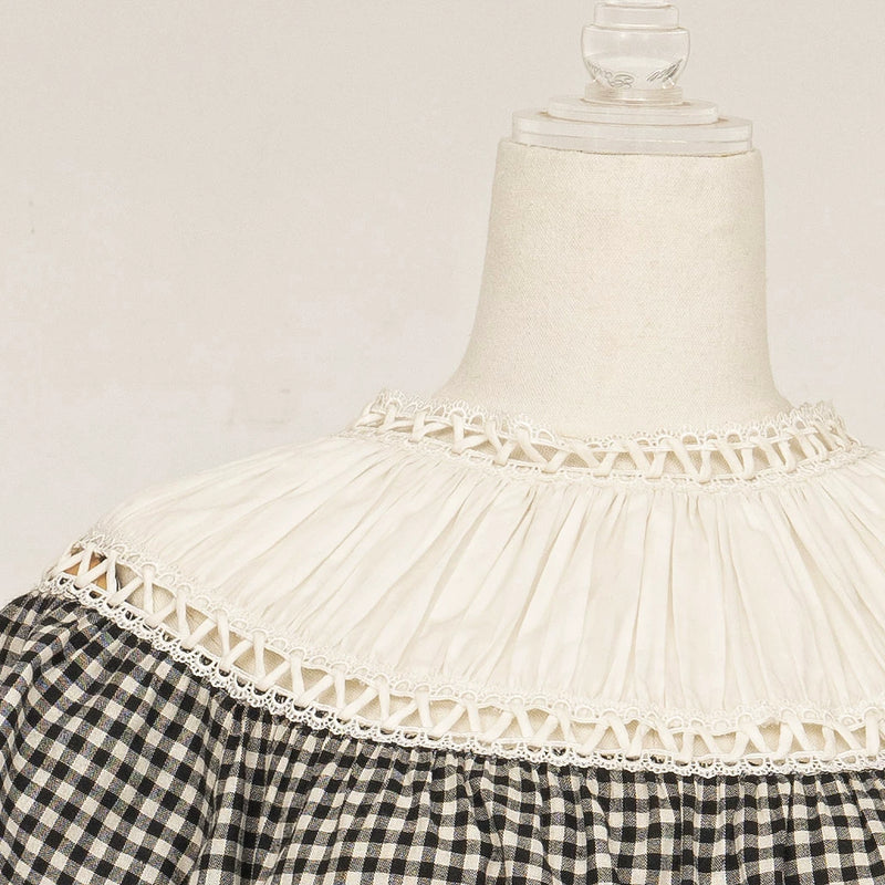 LACE GARDEN - Doll Check - Black-and-White Plaid Blouse and Pumpkin Pants Set with Layered Ruffles