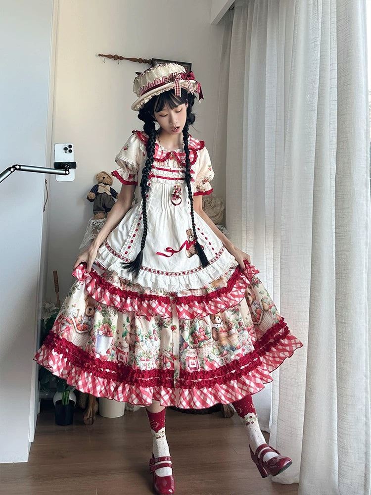 Dream Bunny - December Strawberry Field - Strawberry-Print One-Piece Dress with Red Gingham Ruffles