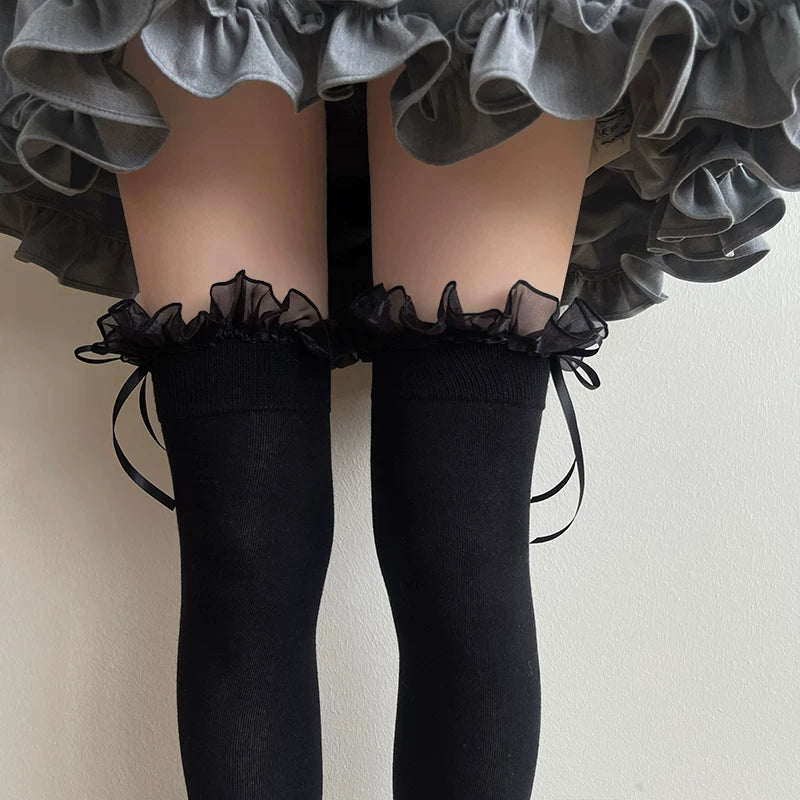 Sock Noble - Pleated Lace - Cotton Over-the-Knee Socks with Bow Detail