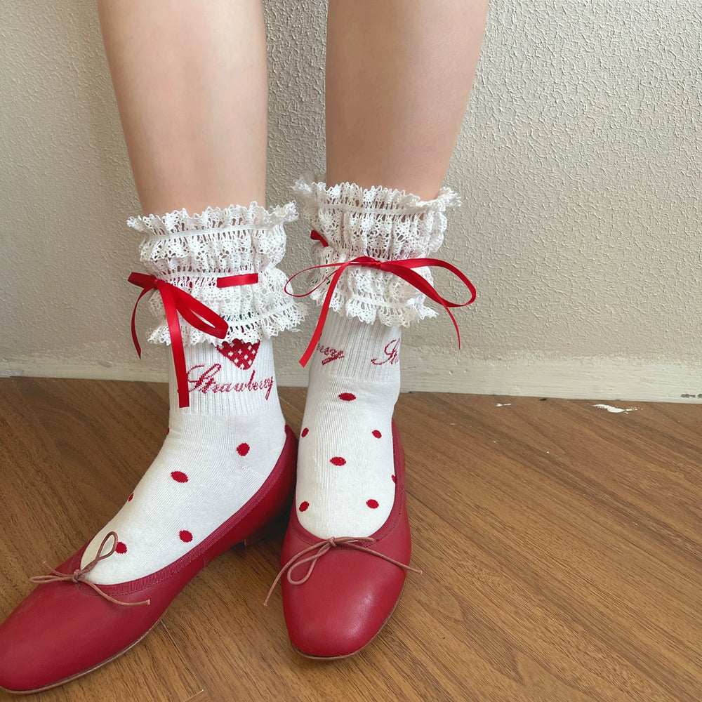 White strawberry style Sweet Lolita lace mid-calf sock