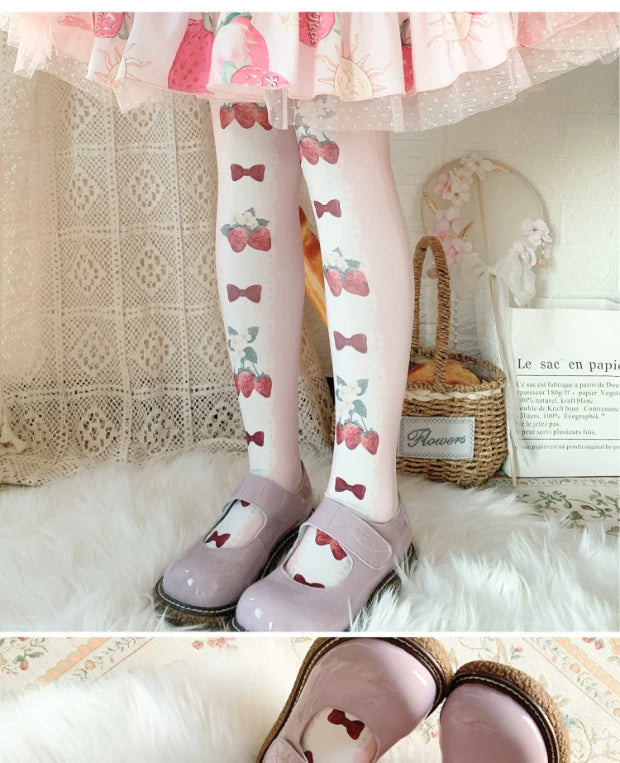 roji roji - Strawberry Ribbon - 120D Printed Tights with Strawberry and Bow Motifs