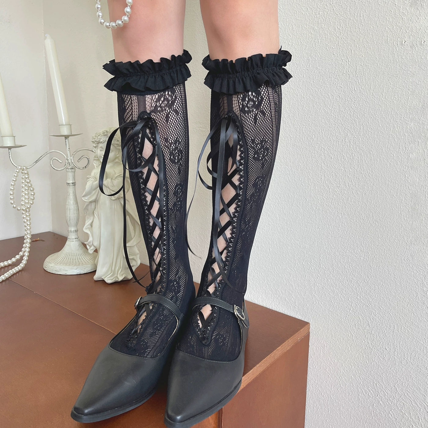 Sock Noble - Dark Lace Layering - Black lace stockings with pearl bow details