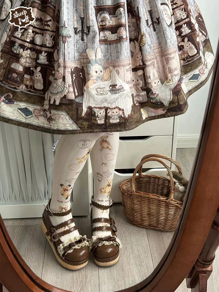 Sheep Puff Tiramisu Platform Lolita Shoes with puffed sheep design, white and pastel accents, and chunky platform sole.