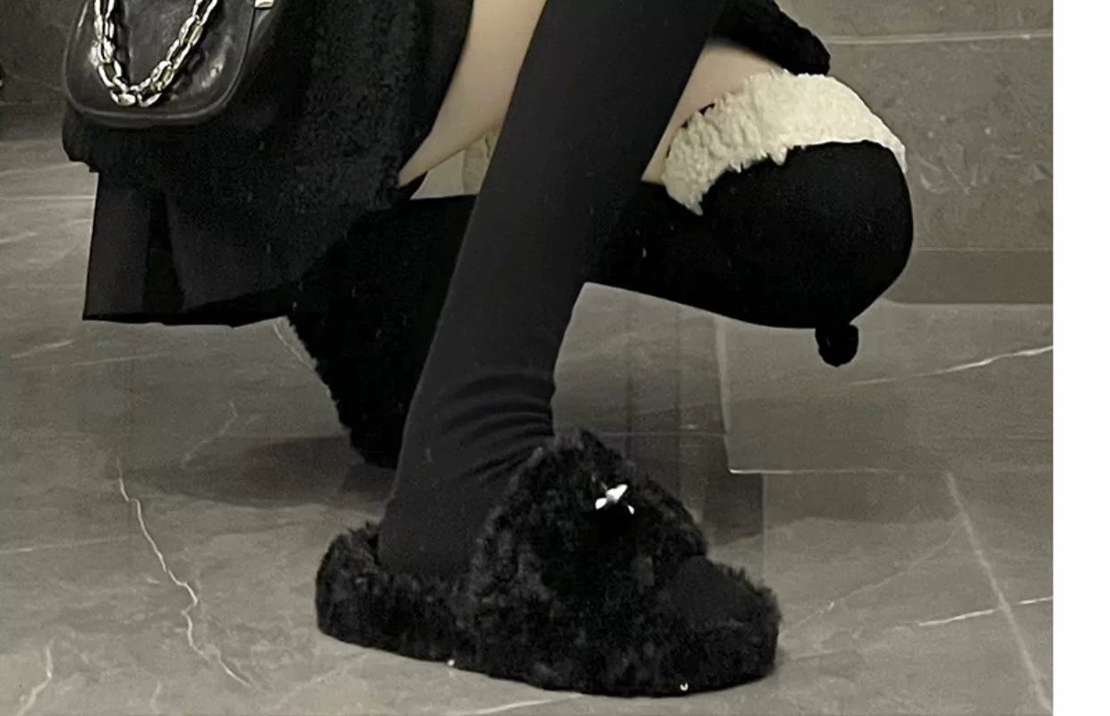 Floral Milk Cat - Winter Pom-Pom - Plush-Trim Thigh-High Socks with Pom-Pom Details
