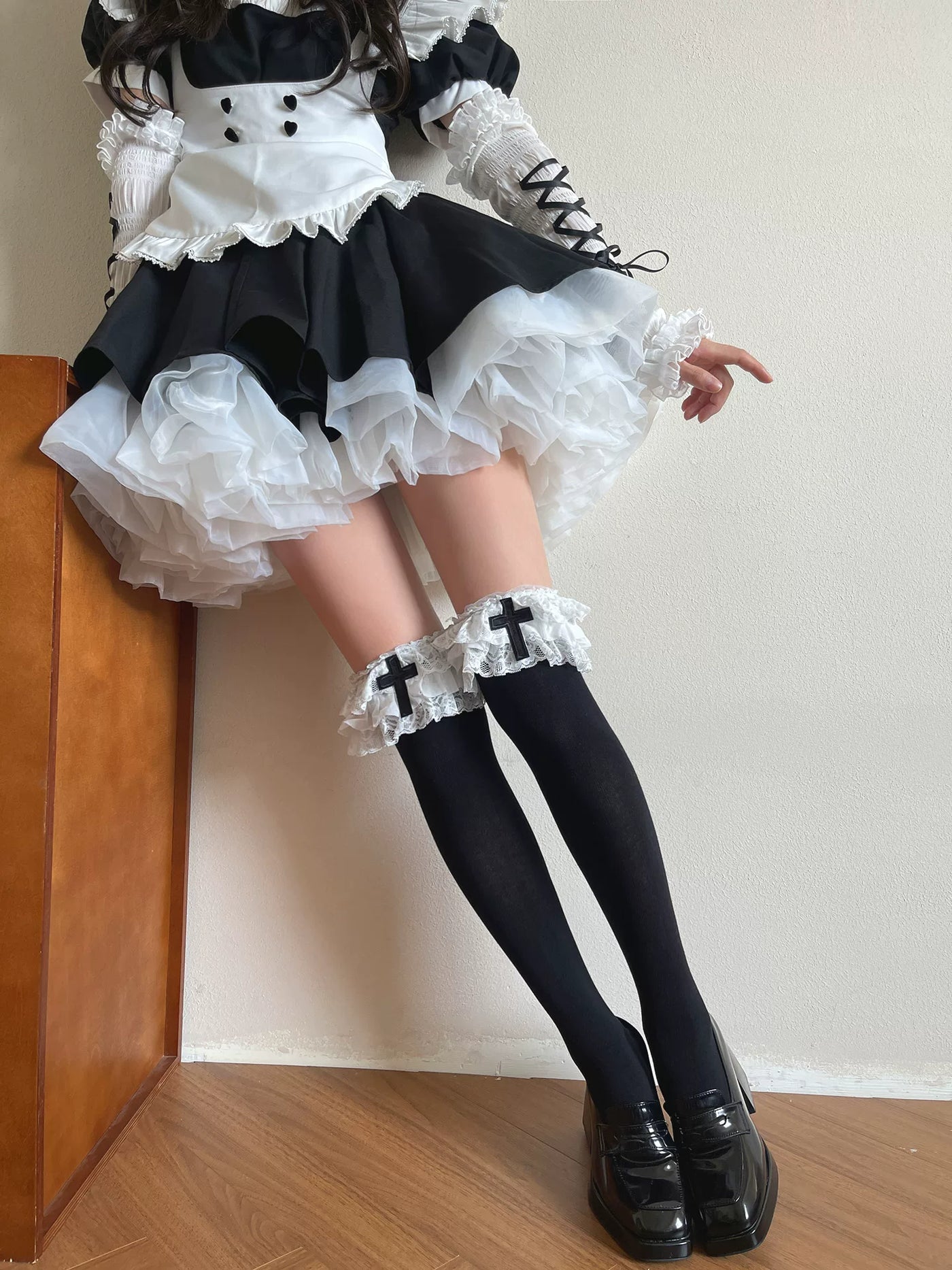 Sock Noble - Dark Cross Lace - Over-the-Knee Socks with Three-Tier Lace Cuffs