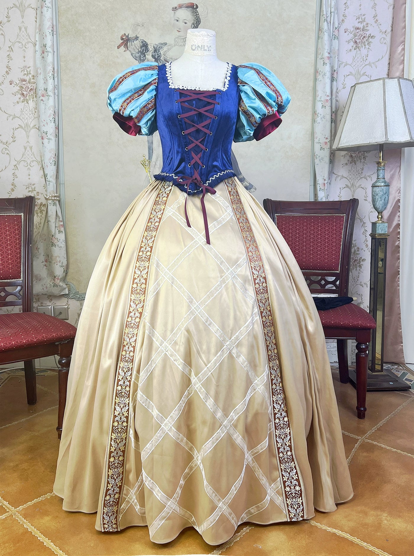 LACE GARDEN - Snow White Arrival - Royal Blue Dress Set with Puff Sleeves