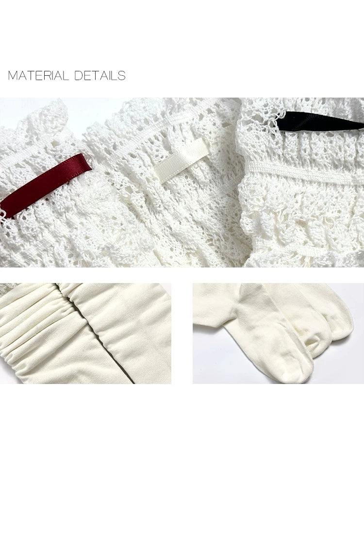 White Socks - Lace Ribbon - Mid-Calf Socks with Long Bow Ties