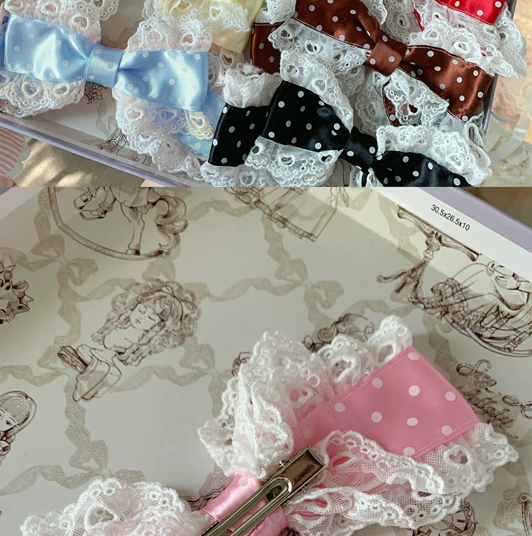 roji roji - Polka-Dot Ribbon - Polka-Dot Bow Hair Clip with Lace Trim