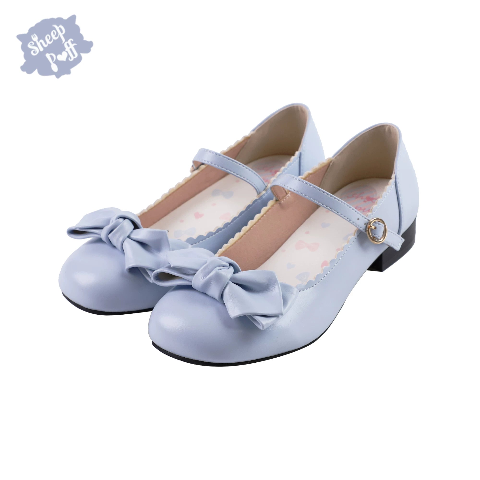 Sheep Puff Sakura Matte Lolita Shoes with rounded bows and floral motifs, featuring a cute sheep puff design and soft matte finish.
