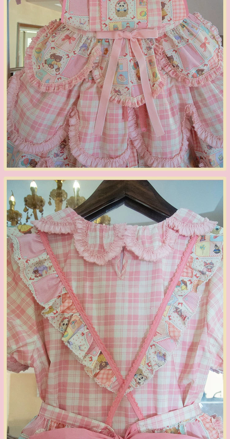 RichLolita - Teddy Bear Patchwork - Lolita Skirt Set with Pink Plaid and Ruffle Trim