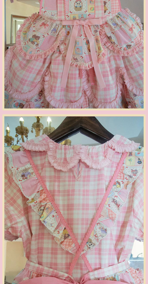 RichLolita - Teddy Bear Patchwork - Lolita Skirt Set with Pink Plaid and Ruffle Trim