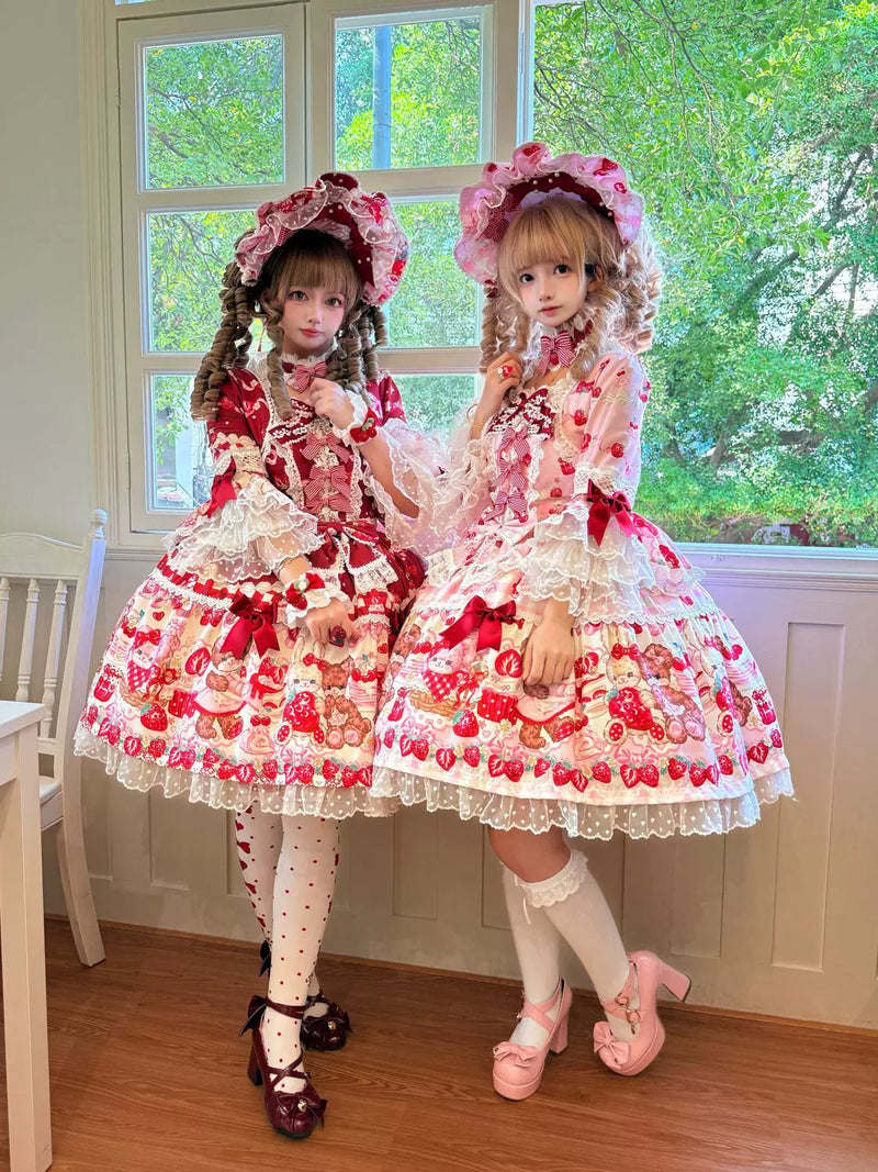 Tiantian - Strawberry - Long-Sleeved OP Dress with Lace Bows