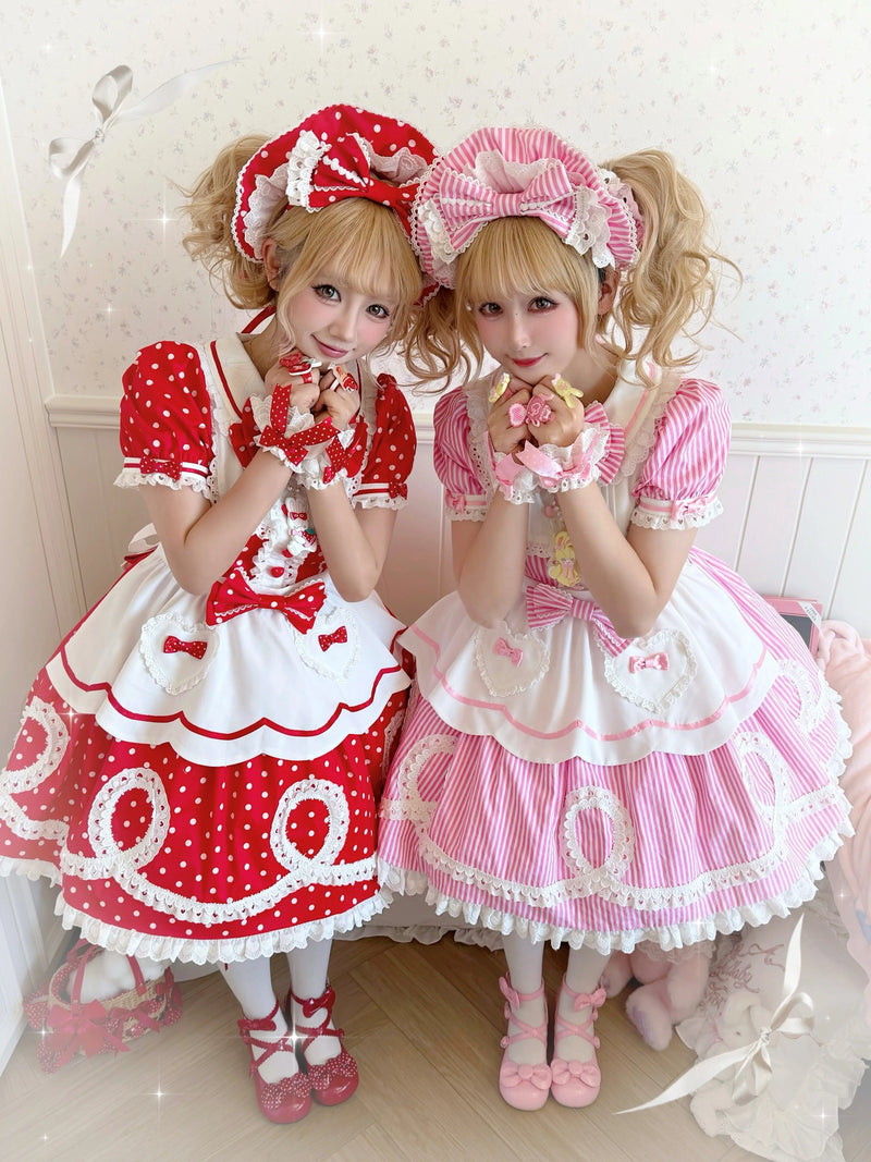 Blue Sweet Lolita OP dress with vertical white stripes, lace trim, and heart appliqués on the apron front