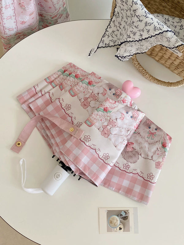 Pink illustrated cat-motif sun/rain umbrella with cherry-blossom print and scalloped border