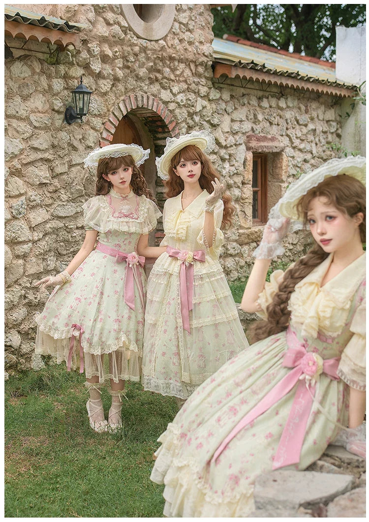 With PUJI - Wind Swept Roses - Classic Lolita Rose Printed Dress Set, Petal Hem