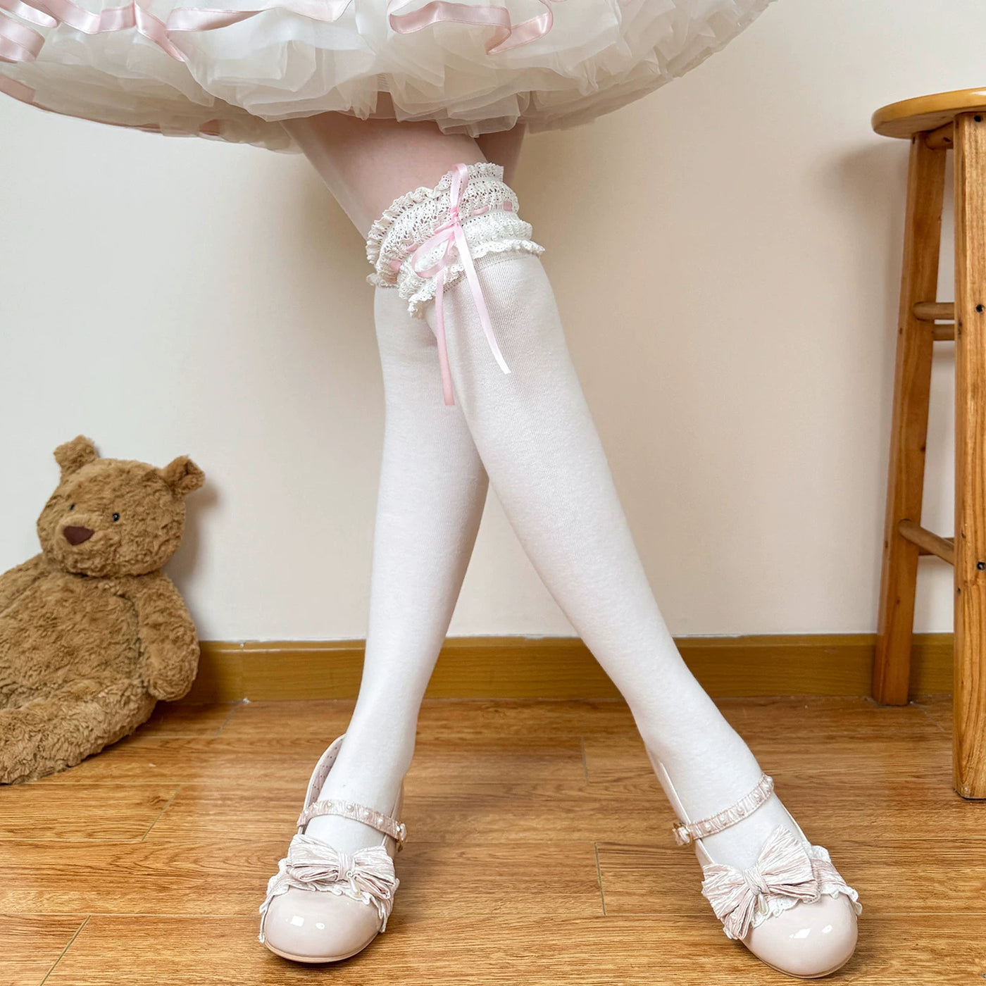 Chubby Bear Tales - Pink Ballet Lace - Lolita sock collection with lace and bow details