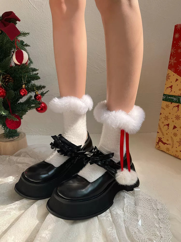 Sock Noble - Winter Ribbon - Scrunched Socks with Fuzzy Cuffs and Pom-Poms