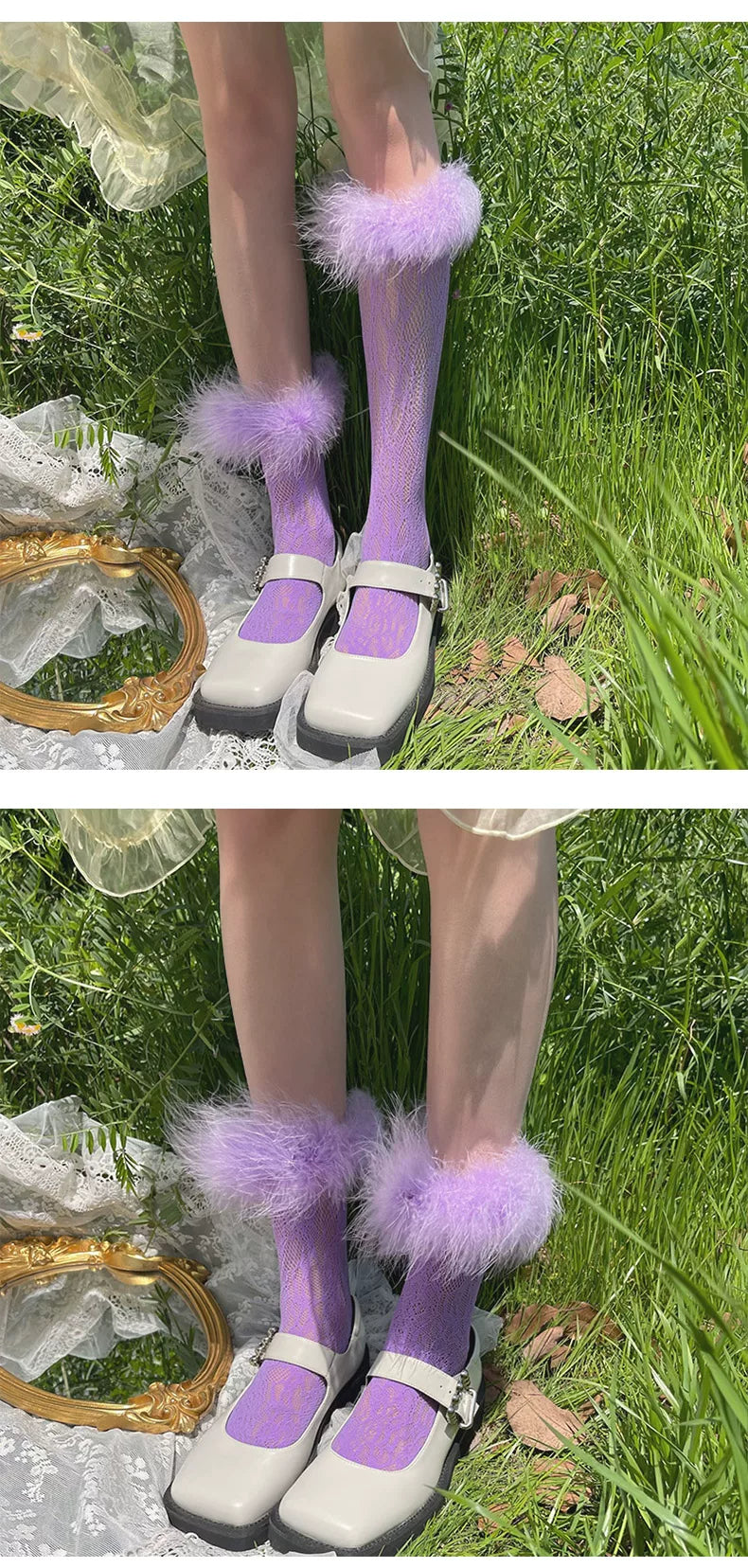 Sock Noble - Y2K Fluffy Lace - Mid-Calf Socks with Fluffy Cuffs