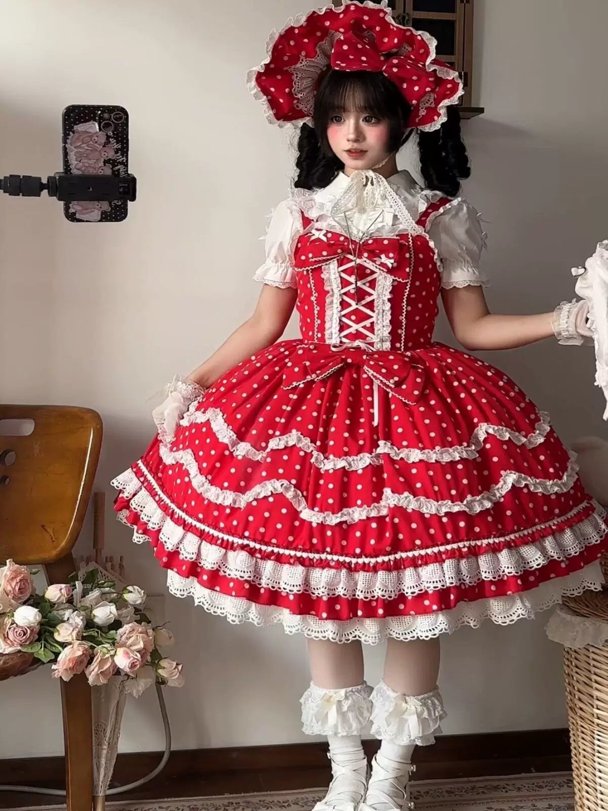 Tata Long Ear Polka Dot Baileys Sweet Lolita JSK in red and white polka dot print with lace trim and tiered skirt