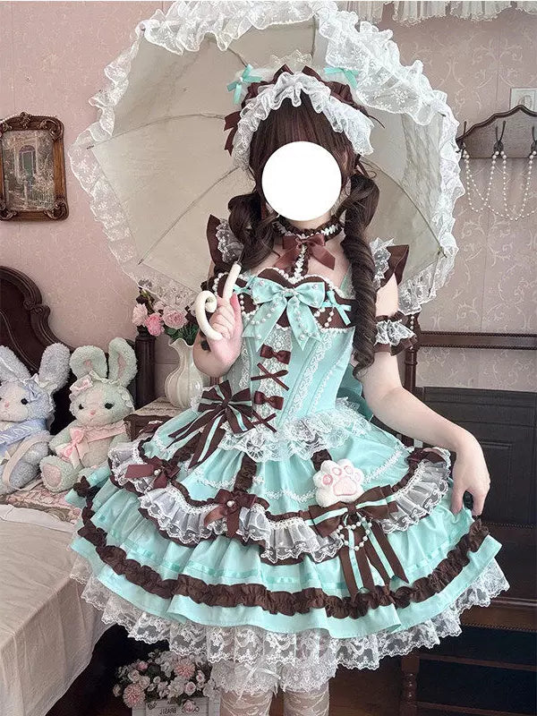 Creamy - Mint Chocolate - Complete JSK Dress Set with Chocolate Bows and Lace Trim