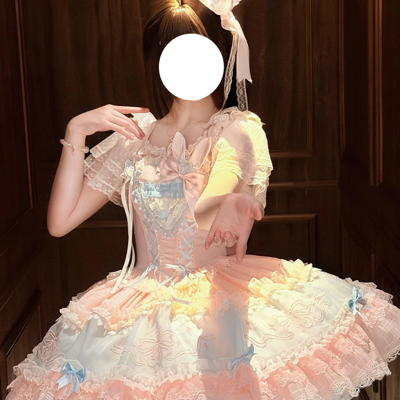 Zhijinyuan Sweetheart Bunny Blue JSK & Accessories — Blue JSK ribbon and lace detail