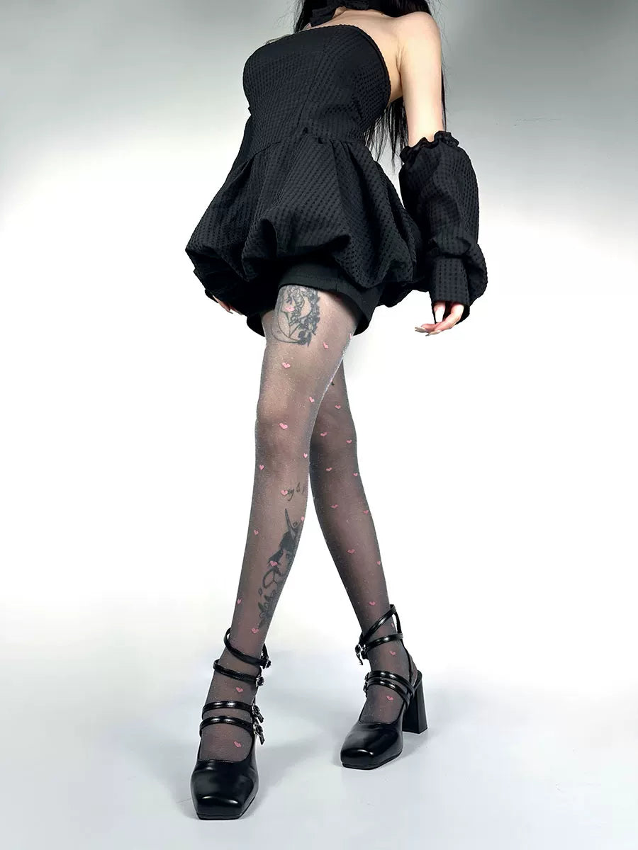 White Socks - Heart Jacquard Tights - Black tights with purple hearts and metallic thread