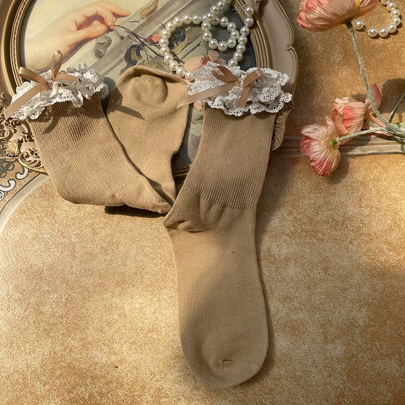 Sock Noble - Embroidered Bow - Cotton Mid-Calf Socks with Double-Layer Lace Cuffs
