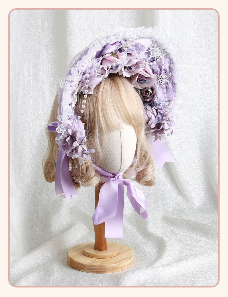 Stardust Rose - Autumn-Winter Dream - Lace-Trimmed Flat Hat with Ribbon Bows