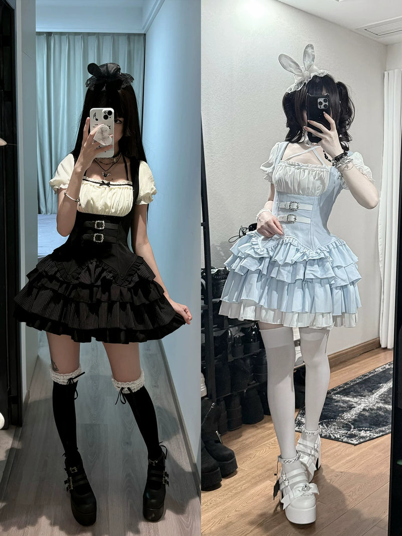 With PUJI - Unspoken Summer - Sweet Lolita OP Dress, Square Neckline & Tiered Skirt detail view 3