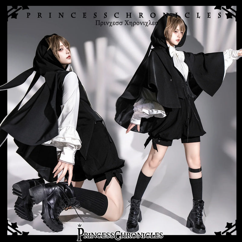 Princess Chronicles - Rabbit Feather - Black Ouji Lolita Vest Shorts Suit Prince Cloak Set