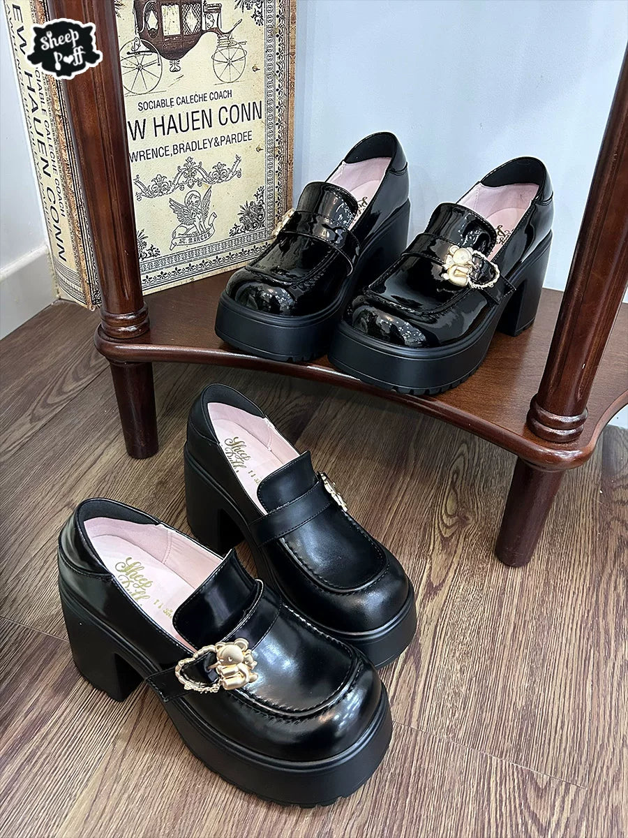 Sheep Puff Hugging Bear Lolita shoes with puff design, beige color, and cute plush details, perfect for sweet, whimsical fashion styles.