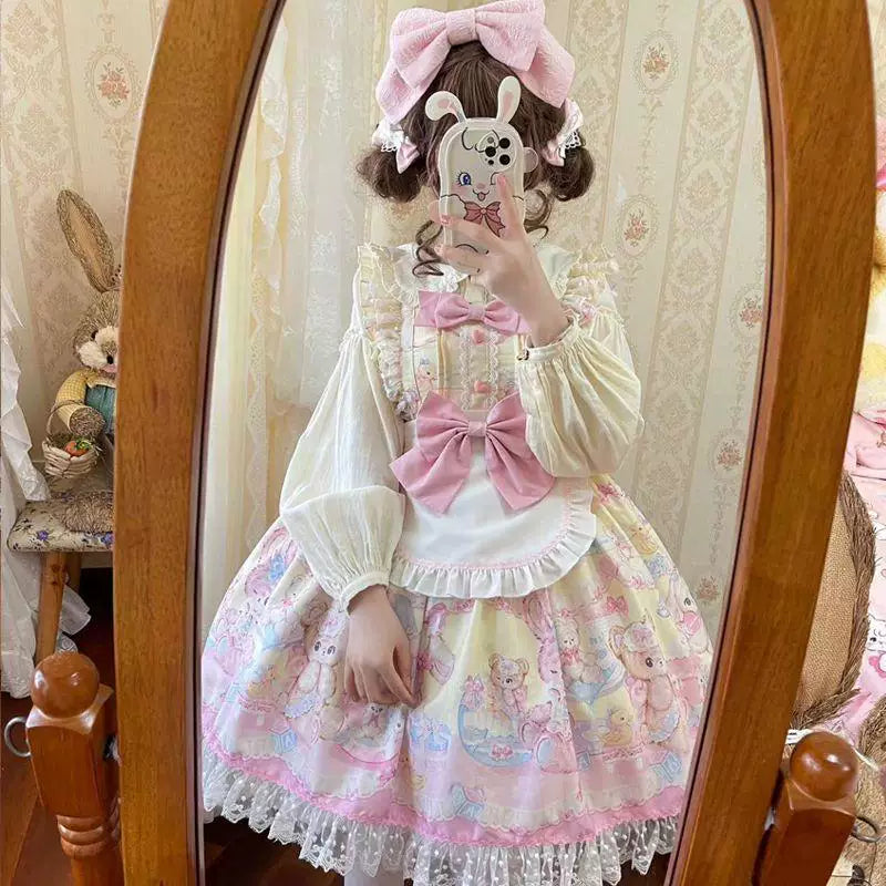 Sweetheart Dream Machine - Heart Rabbit Bear - JSK with a rabbit-and-bear print and ruffled bib