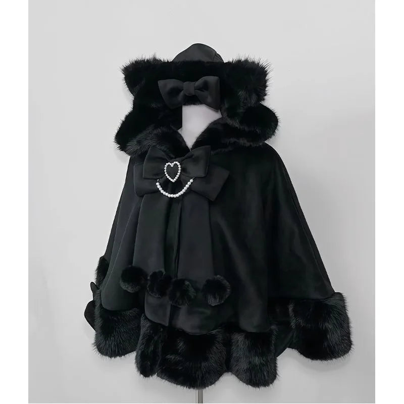 Cat-Ear Bow Hooded Lolita Cape — Black Cape