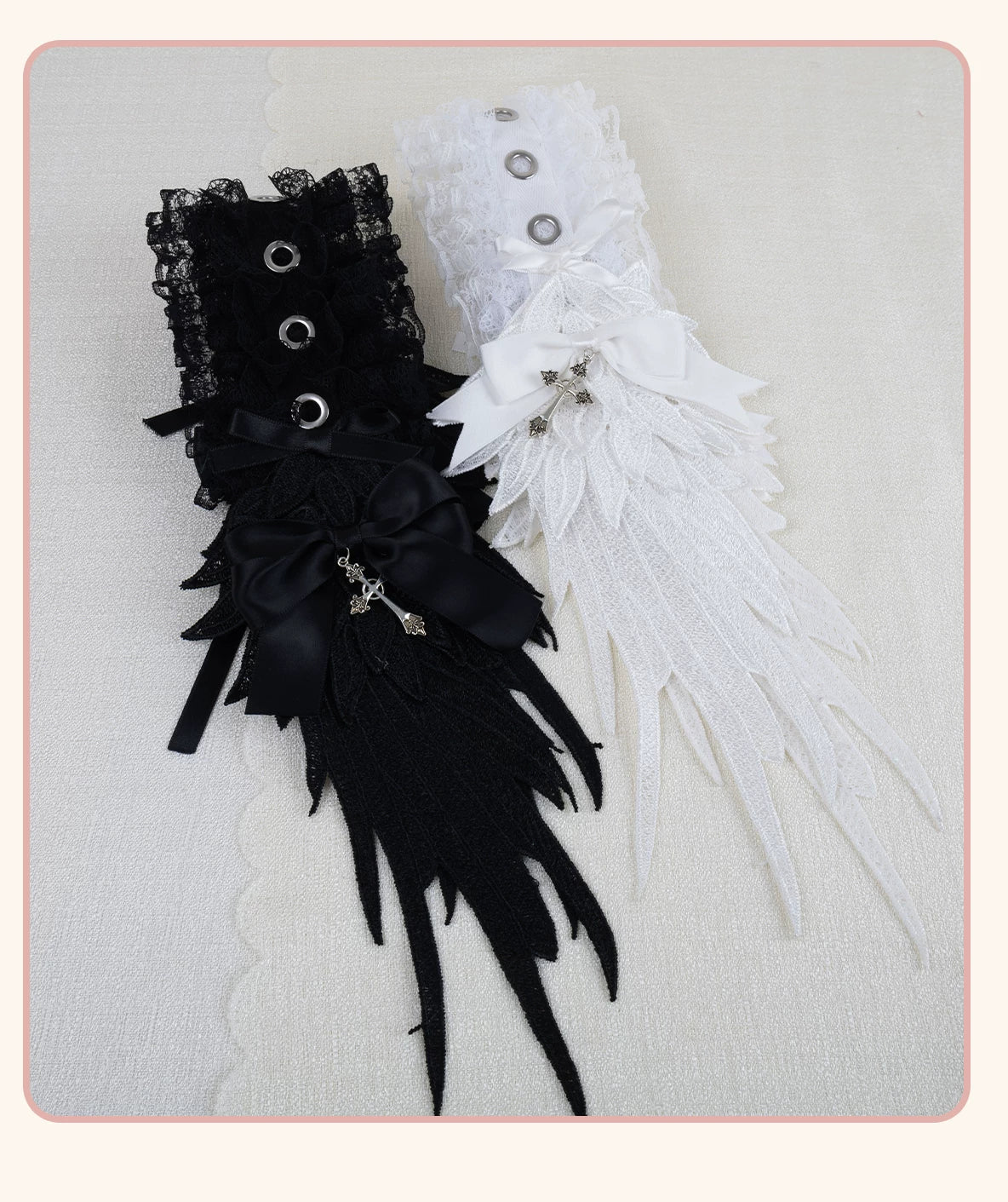 Stardust Rose - Winged Cross - Black-and-White Lace Headband with Wings and Cross Details