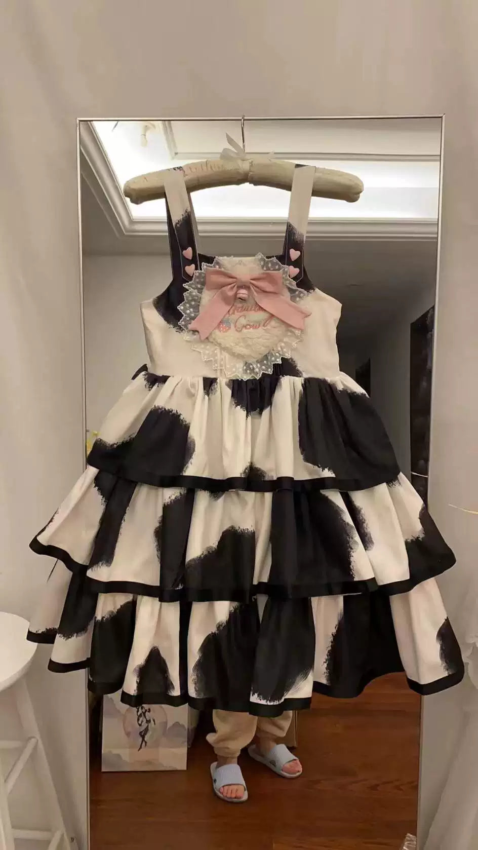 Tata Long Ear - Milk Cake Cow Print - Cow-Print JSK Dress with Three-Section Skirt