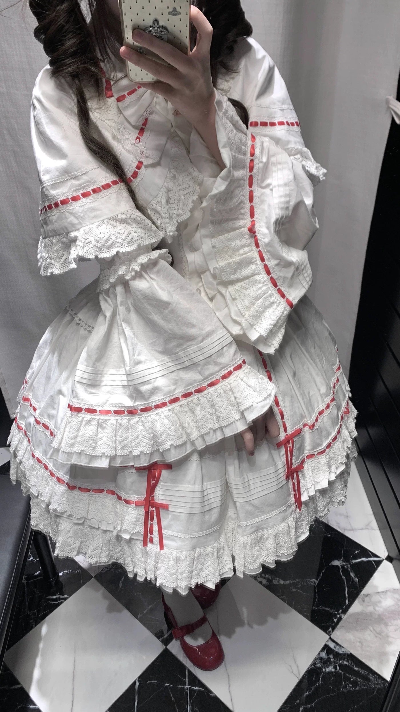Praying Snowfall - Old School Lolita Skirt Suit Cape Princess Sleeve Shirt White-red - Shirt + Detachable Princess Sleeves (without collar bow) S