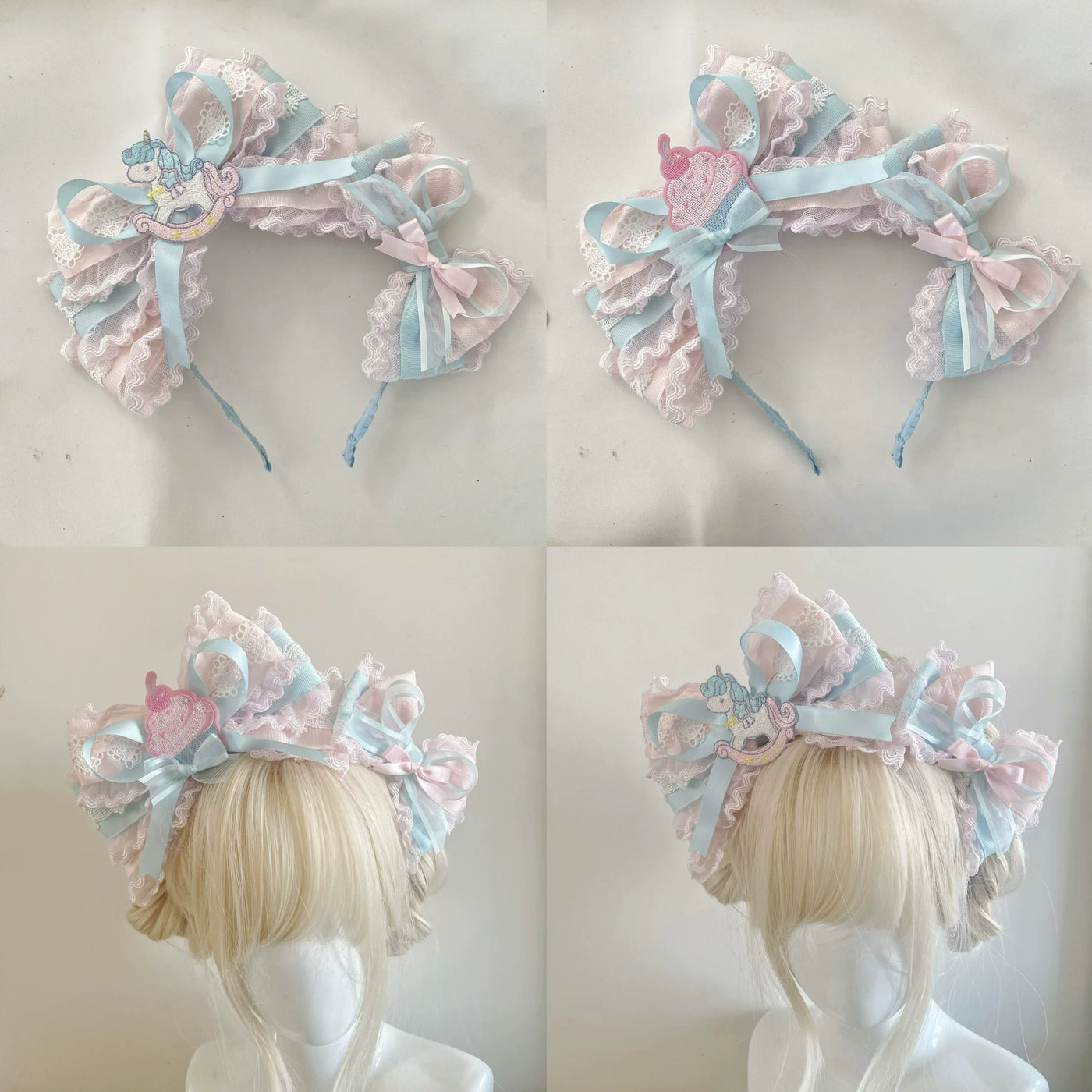 candycoco - Pastel Twin Stars - Pink-and-Blue Headband with Lace Bows