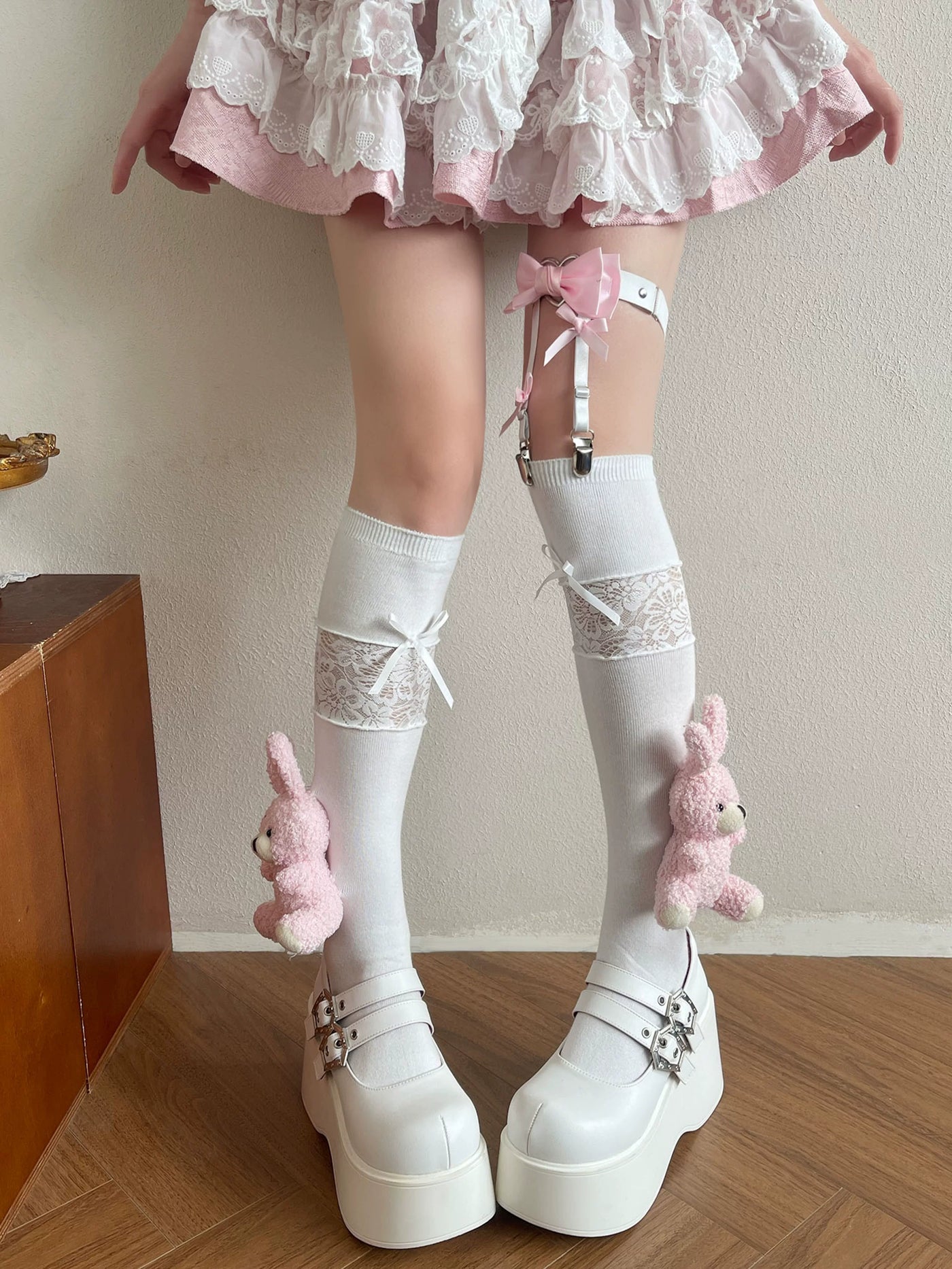 Sock Noble - Antique Doll Lace - White Mid-Calf Socks with Lace Panels