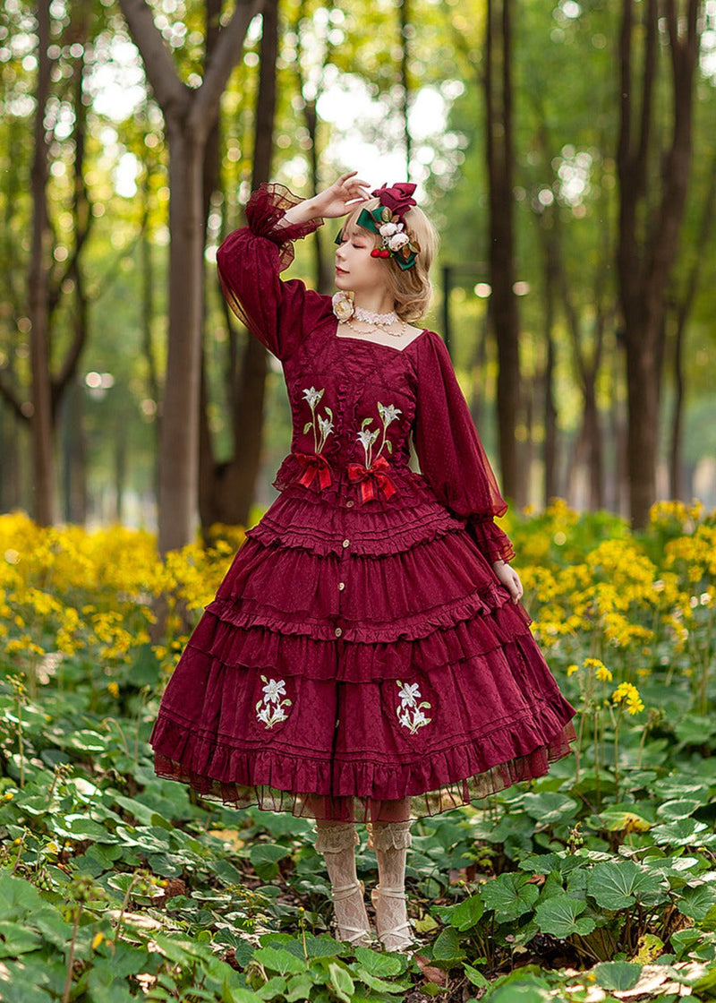 Melaleuca Lily - Embroidery Country Lolita Blouse and Skirt M red set