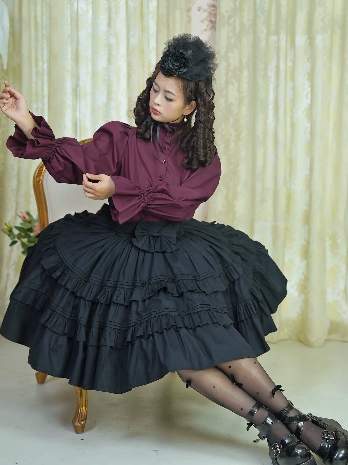 LACE GARDEN - Dark Chamber Rose - 360-Degree Full-Circle Ruffle Skirt