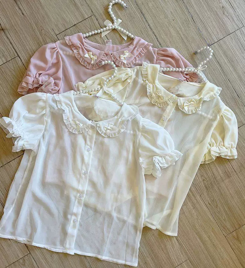 Sweetheart Dream Machine - Ribbon Collar - Short-Sleeve Blouse with a Ruffled Peter Pan Collar