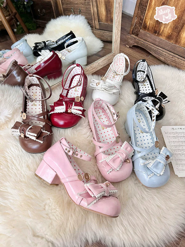 Sheep Puff Bunny Mid Heel Lolita Shoes featuring white puff button bunny design and elegant mid heel for a cute, stylish look.