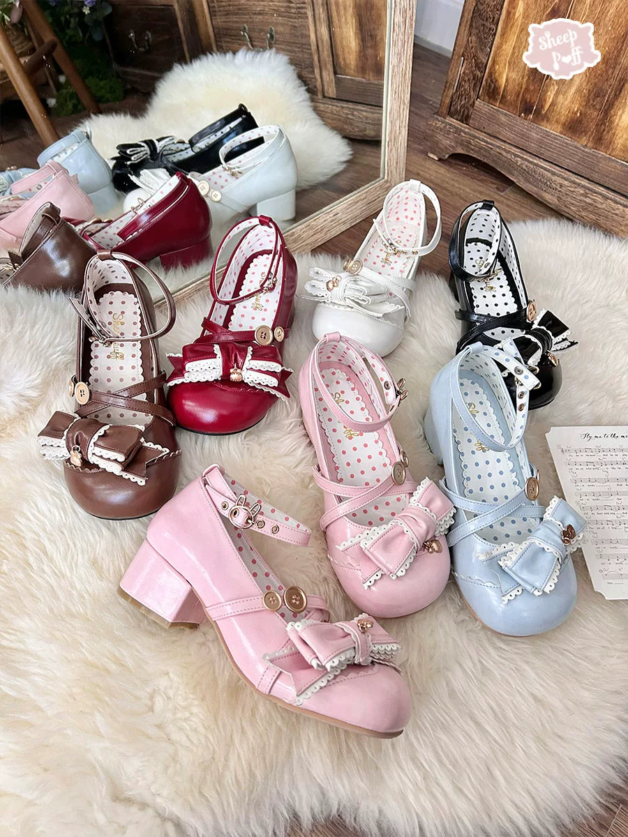 Sheep Puff Bunny Mid Heel Lolita Shoes featuring white puff button bunny design and elegant mid heel for a cute, stylish look.