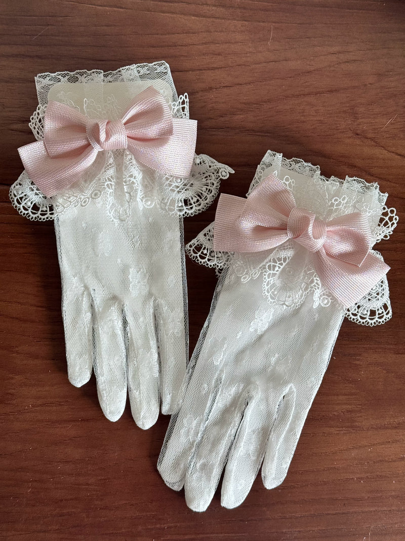 Maidou Christmas Lace Gloves & Bow Options — White Gloves + Pink Bows
