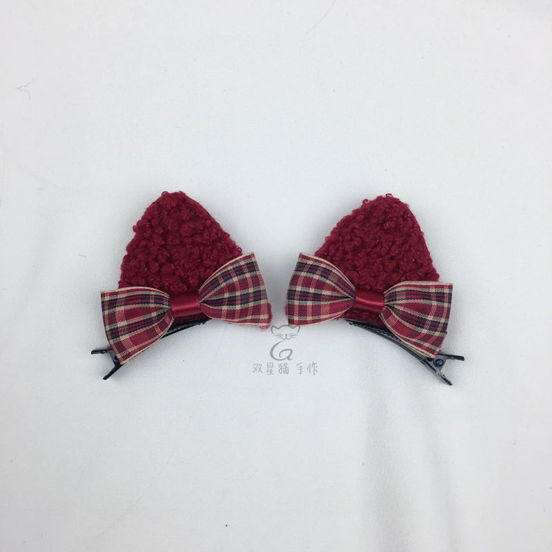 Little Red Riding Hood Burgundy Plaid Ear Headband & Clips — Burgundy Cat-Ear Hair Clips - Pair