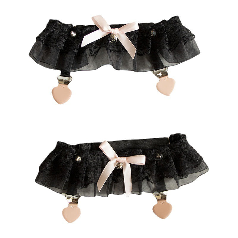 Black Day Dream Lolita garter stockings clip with lace, bow, rivets, and heart-shaped clips