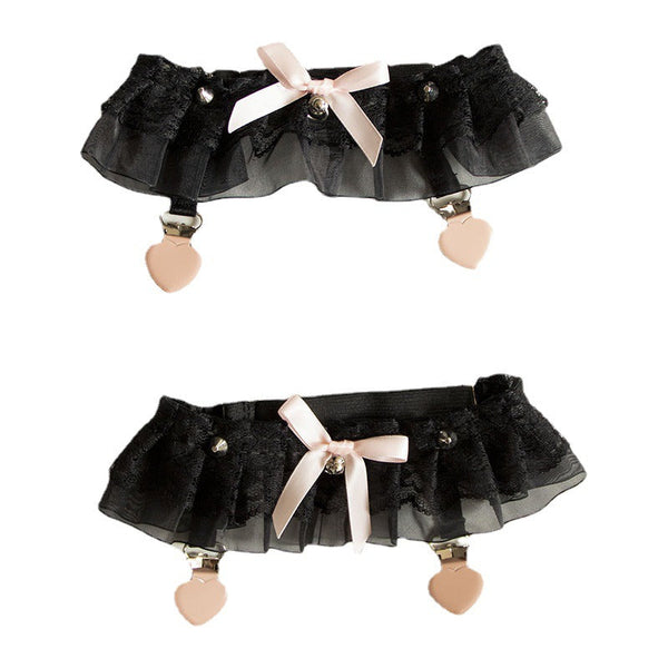 Black Day Dream Lolita garter stockings clip with lace, bow, rivets, and heart-shaped clips